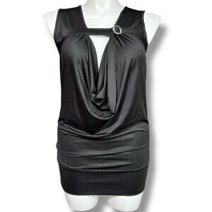 Madam D Womens Tunic Top Mini Dress Drape Neck Buckle Collar Sexy Black 1XL